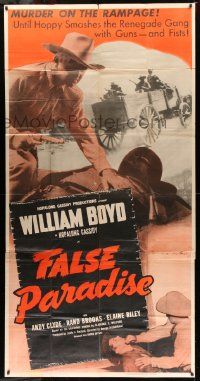 1b566 FALSE PARADISE 3sh '48 cowboy William Boyd as Hopalong Cassidy, murder on the rampage!