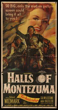 1b619 HALLS OF MONTEZUMA 3sh '51 Richard Widmark, art of WWII U.S. Marines going into battle, rare!