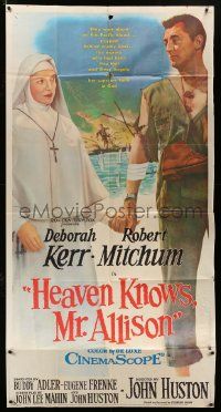 1b631 HEAVEN KNOWS MR. ALLISON 3sh '57 c/u of Robert Mitchum holding hands with nun Deborah Kerr!