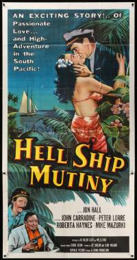 1b632 HELL SHIP MUTINY 3sh '57 art of Jon Hall & tropical beauty + John Carradine & Peter Lorre!