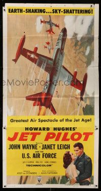 1b676 JET PILOT 3sh '57 art of John Wayne, Janet Leigh & military planes, Howard Hughes!