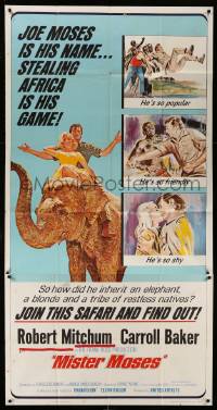 1b746 MISTER MOSES 3sh '65 art of Robert Mitchum & Carroll Baker riding on African elephant!