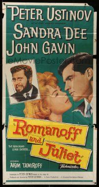 1b840 ROMANOFF & JULIET 3sh '61 romantic c/u of Sandra Dee & John Gavin, Peter Ustinov!