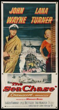 1b853 SEA CHASE 3sh '55 great artwork of sailor John Wayne & sexy Lana Turner, World War II!