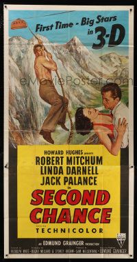 1b855 SECOND CHANCE 3sh '53 3-D, cool artwork of barechested Robert Mitchum & Linda Darnell!