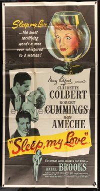 1b874 SLEEP MY LOVE 3sh '47 cool art of Claudette Colbert in glass, Robert Cummings, Don Ameche