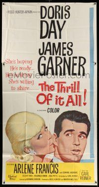 1b930 THRILL OF IT ALL 3sh '63 wonderful artwork of pretty Doris Day kissing James Garner!