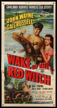 1b964 WAKE OF THE RED WITCH 3sh R52 art of barechested John Wayne & Gail Russell at sea, deceptive!