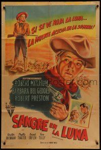 1b286 BLOOD ON THE MOON Argentinean '49 artwork of cowboy Robert Mitchum & Barbara Bel Geddes!