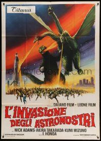 1b189 INVASION OF ASTRO-MONSTER Italian 1p '70 Toho, cool different art of battling monsters!