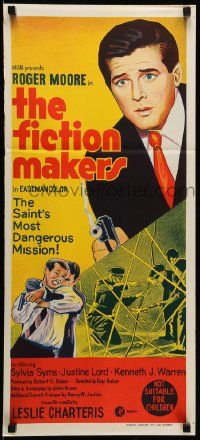1c821 FICTION MAKERS Aust daybill '67 artwork of Roger Moore as Leslie Charteris' The Saint!