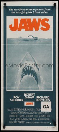 1c864 JAWS Aust daybill R70s art of Steven Spielberg's classic man-eating shark attacking swimmer!