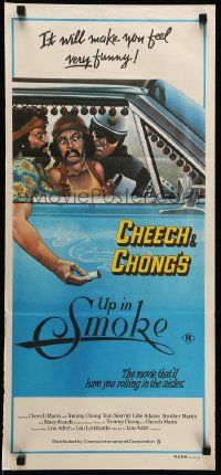 1c986 UP IN SMOKE Aust daybill '78 Cheech & Chong marijuana drug classic, great Scakisbrick art!