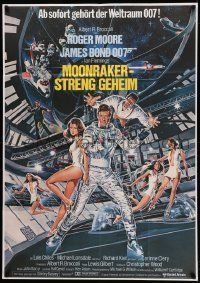 1c482 MOONRAKER German 33x47 '79 art of Roger Moore as James Bond & sexy space babes by Goozee!