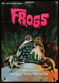 1c587 FROGS German '73 horror art of man-eating amphibian with human hand hanging from mouth!