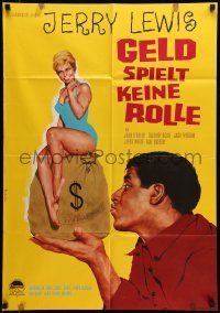 1c606 IT'S ONLY MONEY German '63 Peltzer art of private eye Jerry Lewis w/money bag & sexy girl!