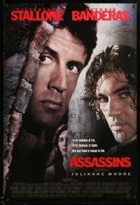 1g091 ASSASSINS DS 1sh '95 cool image of Sylvester Stallone, Antonio Banderas & Julianne Moore!