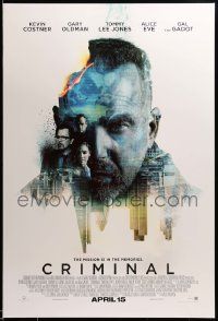 1g223 CRIMINAL advance DS 1sh '16 Kevin Costner, Gary Oldman, Tommy Lee Jones, Reynolds, top cast
