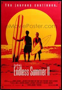 1g298 ENDLESS SUMMER 2 DS 1sh '94 great image of surfers with boards on the beach at sunset!