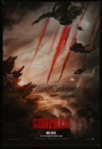 1g364 GODZILLA teaser DS 1sh '14 image of soldiers parachuting over burning San Francisco!