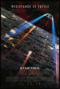 1g871 STAR TREK: FIRST CONTACT int'l advance 1sh '96 image of starship Enterprise above Borg cube!
