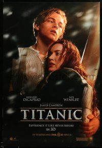 1g928 TITANIC DS 1sh R12 April 6 style, great romantic image of Leonardo DiCaprio & Kate Winslet!