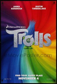 1g943 TROLLS style A teaser DS 1sh '16 Kendrick, Timberlake, Cleese, find your happy place!