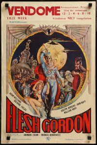 1h068 FLESH GORDON Belgian '74 sexy sci-fi spoof, wacky erotic super hero art by George Barr!