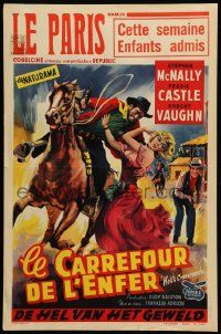 1h088 HELL'S CROSSROADS Belgian '57 Stephen McNally as Jesse James on horse & sexy Peggy Castle!