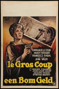 1h134 LE GROS COUP Belgian '64 cool artwork of Emmanuelle Riva with pistol!