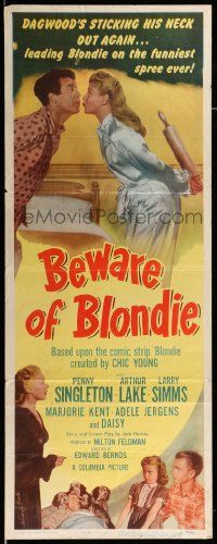 1h656 BEWARE OF BLONDIE insert '50 Penny Singleton, Arthur Lake as Dagwood Bumstead with dogs!
