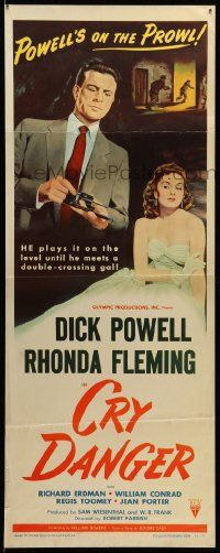 1h687 CRY DANGER insert '51 great film noir art of Dick Powell loading gun + sexy Rhonda Fleming!