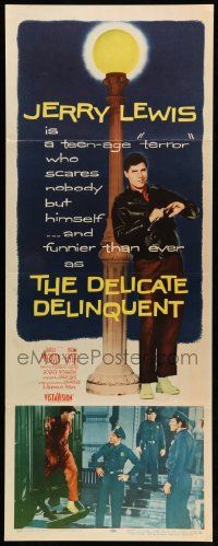 1h704 DELICATE DELINQUENT insert '57 wacky teen-age terror Jerry Lewis leaning on light post!