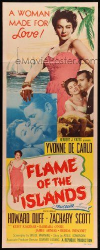 1h739 FLAME OF THE ISLANDS insert '55 Yvonne De Carlo kissing Howard Duff & in sexy dress!