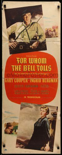 1h744 FOR WHOM THE BELL TOLLS insert '43 art of Gary Cooper & Ingrid Bergman, Hemingway, rare!