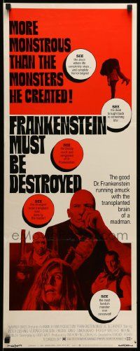 1h746 FRANKENSTEIN MUST BE DESTROYED insert '70 Peter Cushing, man drilling into woman's head!