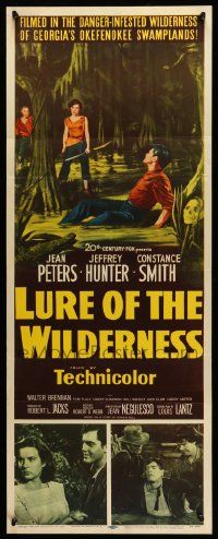 1h811 LURE OF THE WILDERNESS insert '52 art of sexy Jean Peters & wounded Jeff Hunter in swamp!