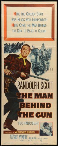 1h817 MAN BEHIND THE GUN insert '52 Randolph Scott blasted the Golden State clean of treason!
