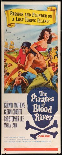 1h870 PIRATES OF BLOOD RIVER insert '62 great art of buccaneer carrying sexy babe, Hammer!