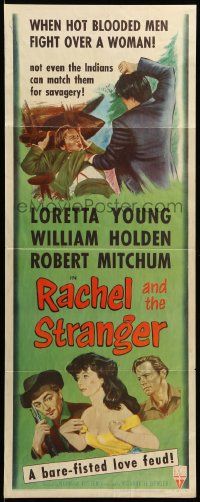 1h893 RACHEL & THE STRANGER insert R53 William Holden & Robert Mitchum fight over Loretta Young!