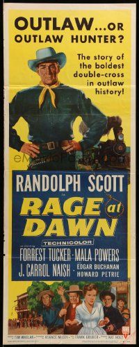 1h895 RAGE AT DAWN insert '55 cool artwork of outlaw hunter Randolph Scott by train!