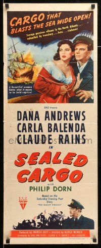 1h918 SEALED CARGO insert '51 great art of Dana Andrews & Carla Balenda, with ship exploding!