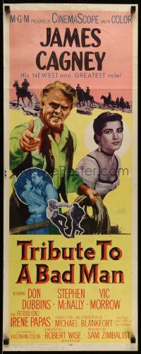 1h968 TRIBUTE TO A BAD MAN insert '56 great art of cowboy James Cagney, pretty Irene Papas!