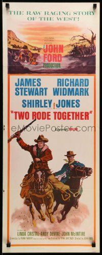 1h973 TWO RODE TOGETHER insert '61 John Ford, art of James Stewart & Richard Widmark on horses!