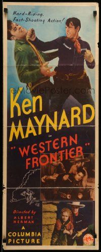 1h986 WESTERN FRONTIER insert '35 cool close up art of cowboy hero Ken Maynard punching bad guy!