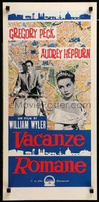 1h527 ROMAN HOLIDAY Italian locandina R90s Audrey Hepburn & Gregory Peck on Vespa over map!