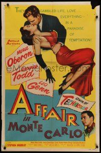 1j025 AFFAIR IN MONTE CARLO 1sh '53 sexy Merle Oberon embraced by Richard Todd!