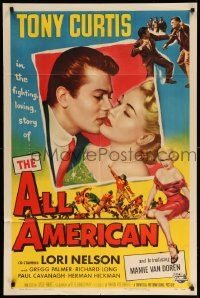 1j033 ALL AMERICAN 1sh '53 Tony Curtis kissing sexy Mamie Van Doren in her first, football!
