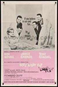 1j122 BOYS' NIGHT OUT 1sh '62 James Garner, Tony Randall & sexy Kim Novak, pink design!