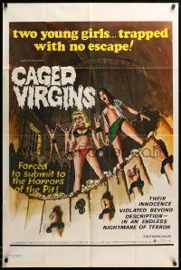 1j141 CAGED VIRGINS 1sh '73 two sexy young girls trapped with no escape, great horror art!